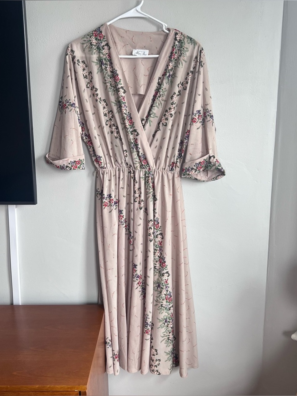 Vintage Beige Floral Midi Dress with Green & Pink Accents